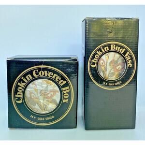 The Art of Chokin Bud Vase and Box Stone Ware 24K Gold Edged 2 Pieces NIB U99